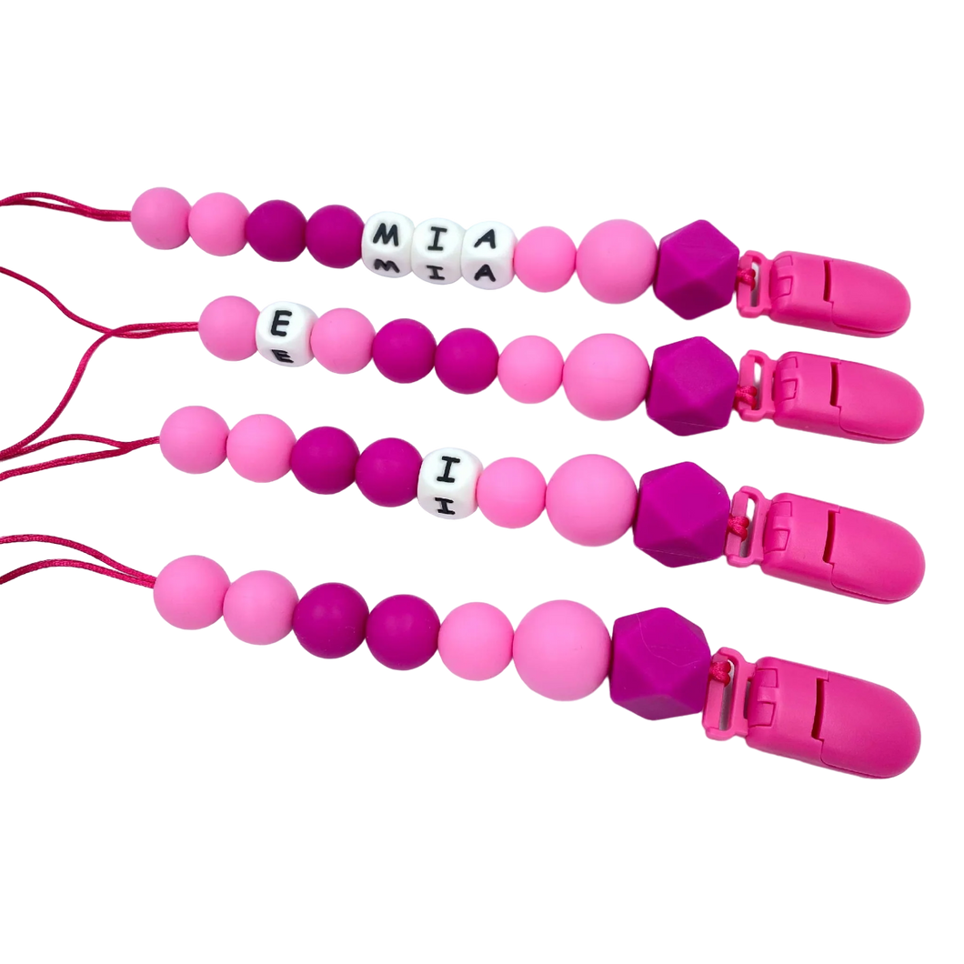BabyMuu - Porta Chupetes - Accesorios - Rosa Fuerte Especial - Nombre Personalizable - Cuencas Especiales